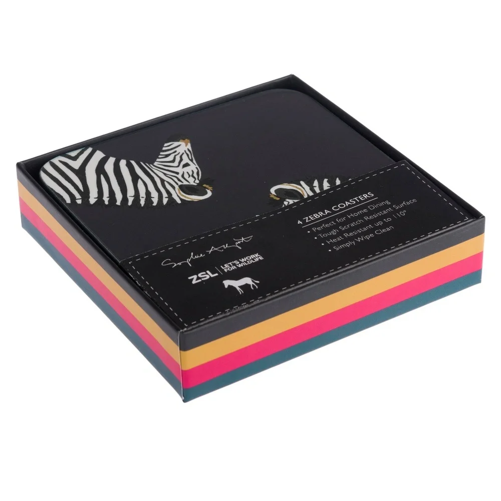 New Zebra Set of 4 Sophie Allport coasters in‎ sealed gift box cork back.